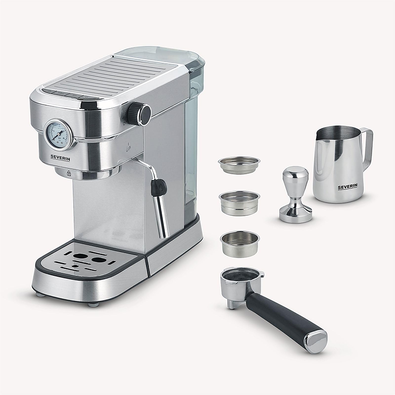 SEVERIN Cafetière Expresso "Espresa Plus", 1 350W, 1,1 L, Manomètre intégré, Pompe 15 bars, Set barista inclus, Inox-Noir, KA 5995