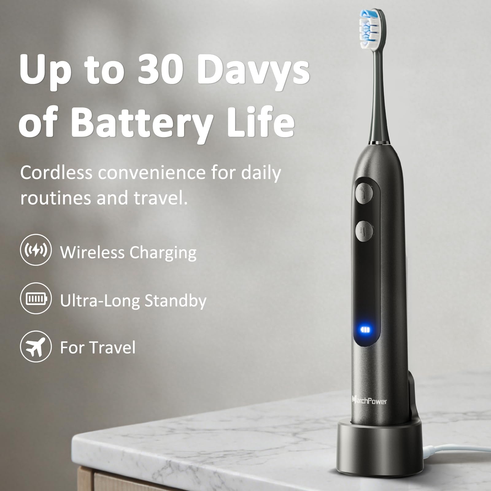 Marchpower Cepillo de Dientes Eléctrico Sónico con Irrigador y 46° Oscilación Vibración, IPX7 Impermeable Irrigador Dental Portatil con 2 Cabezales Aceptado, Depósito Magnético de Agua de 155 ml