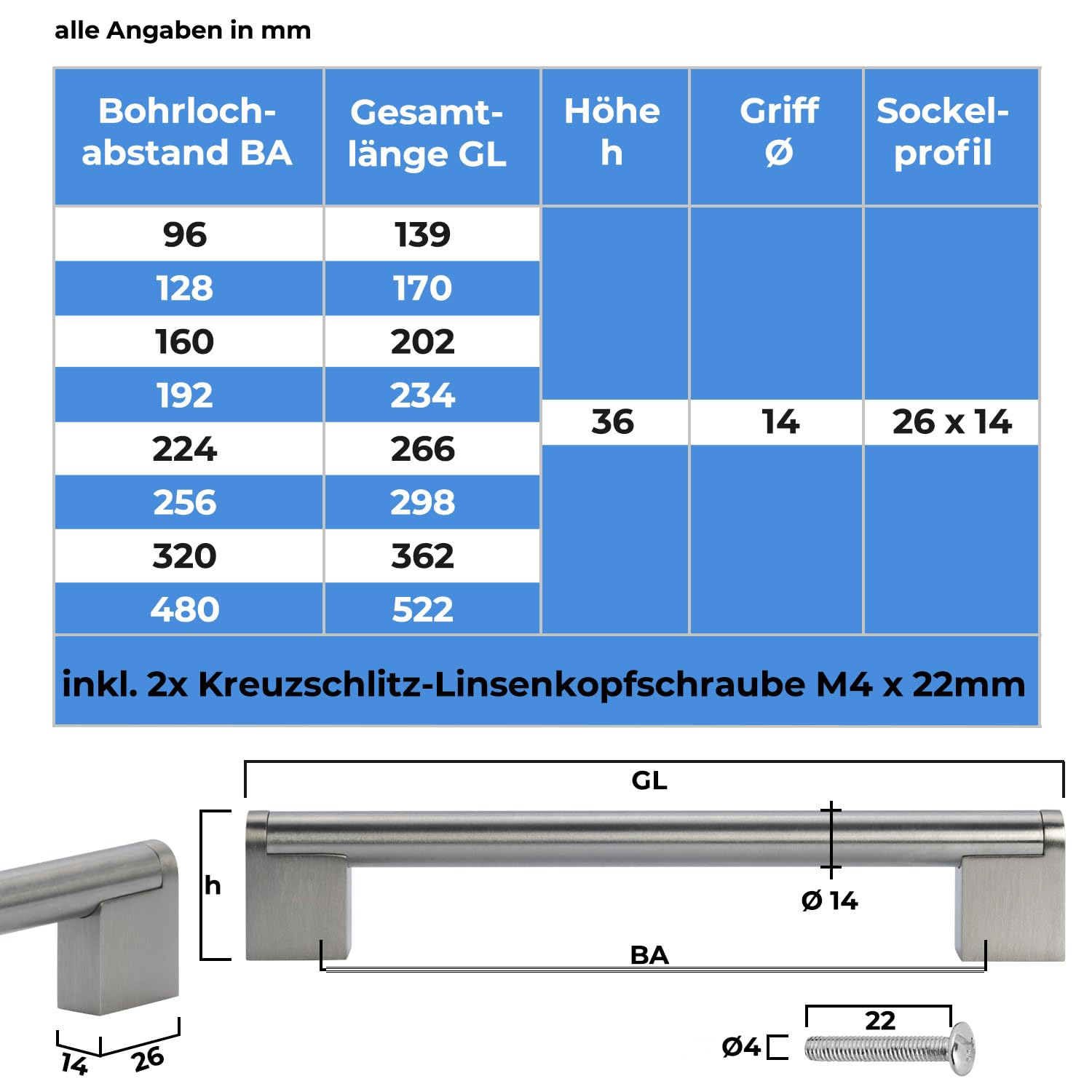 Stahlia 10 x uchwyty meblowe 256 mm, rozstaw otworów, stal nierdzewna, okrągłe, Ø 14, uchwyty kuchenne, uchwyty do szafek kuchennych i mebli, uchwyty do drzwi kuchennych, do szuflad, do szafek