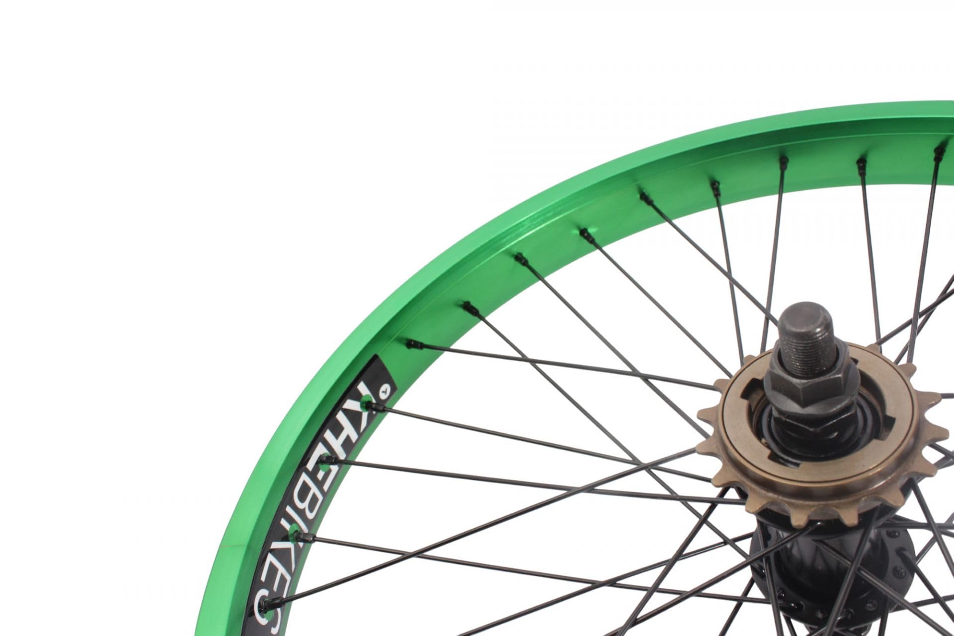 KHE Prism BMX Hinterrad, 20 Zoll, Grün Eloxiert, 14mm Achse, 16T Freilaufritzel, 38mm Felgenbreite