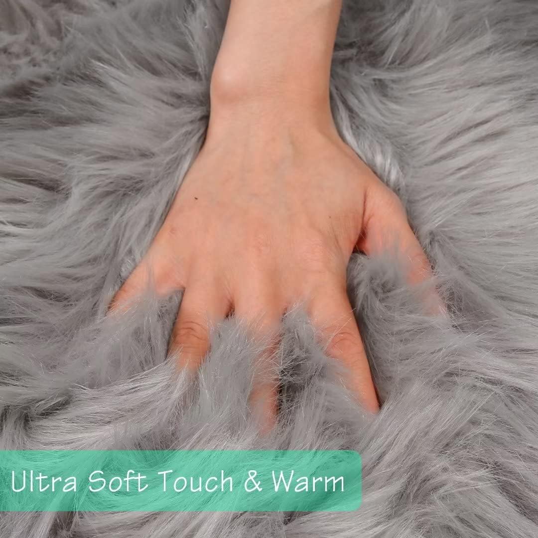duduta Gray Faux Sheepskin Chair Seat Covers, Fluffy Shag Fur Throw Rugs Room Decor 2x3 ft - Image 2