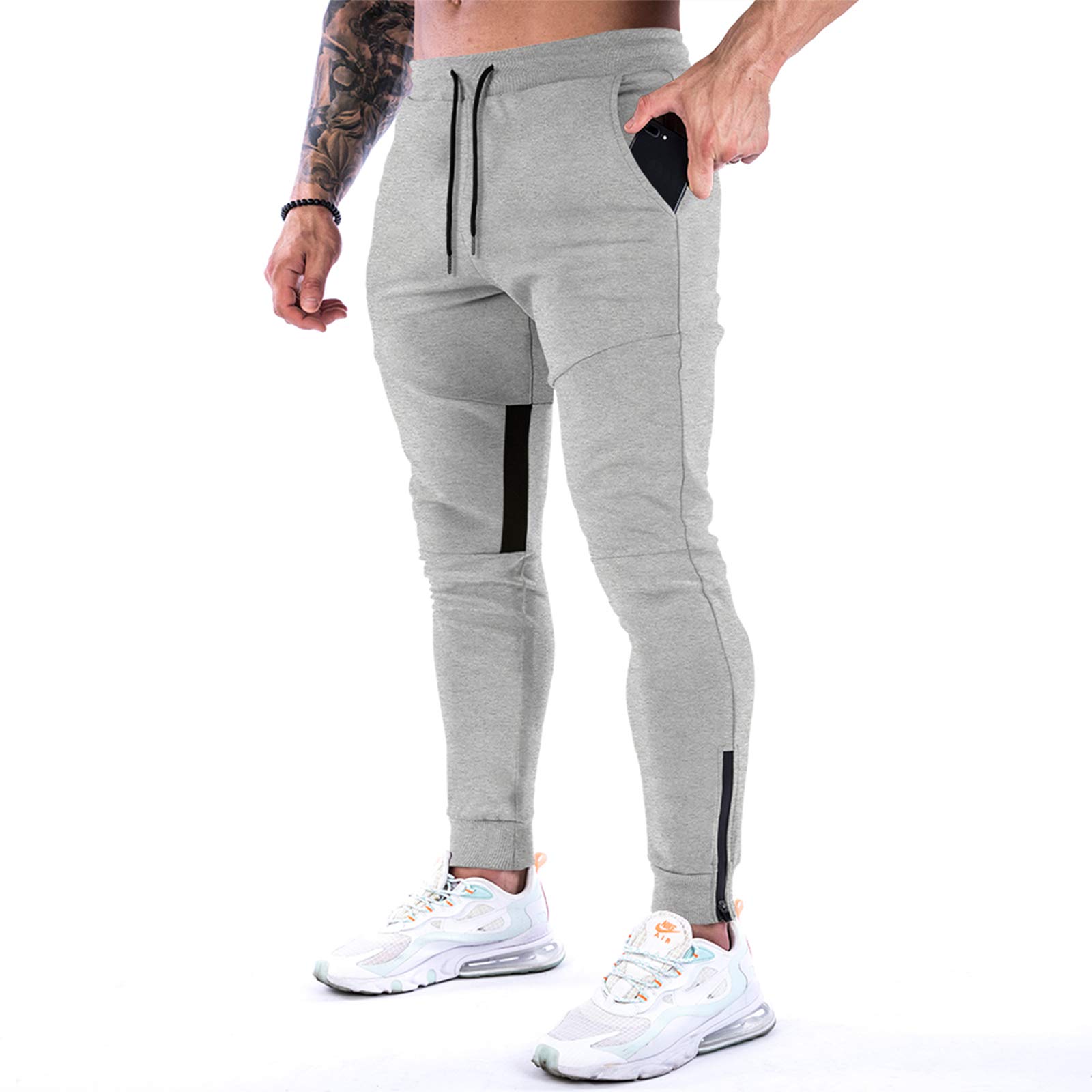 MakingDa Tracksuit Bottoms Men Slim Fit Tapered Joggers Gym Pants Skinny Sweatpants Running Training Sports Trousers with Ankle Zippers-1-Grey-L