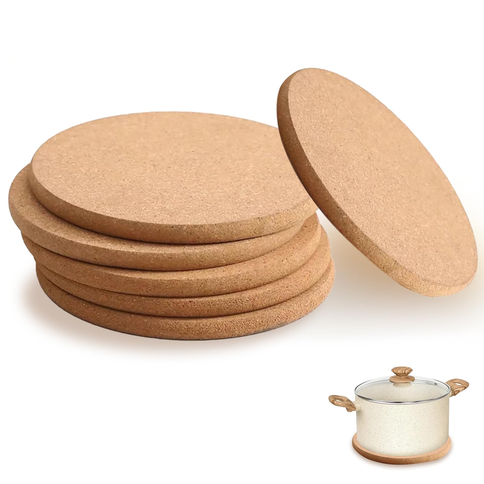 Cericai Marrón 6Pcs Cork Trivet Set - 19Cm Round Thick Corks Trivet Set, Wooden Non Slip Durable Coasters, Corks Board Placemat, Multifunctional Cork Mat For Table & Countertop