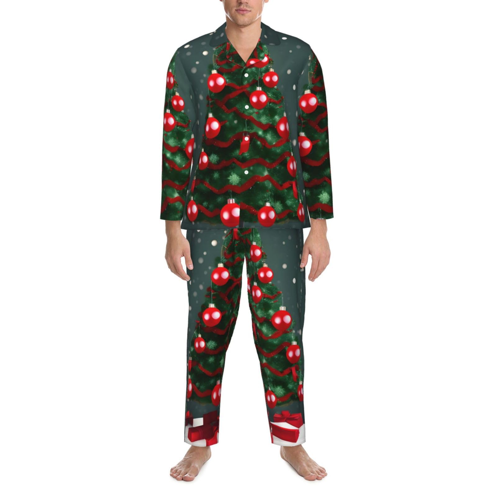 Herren-Pyjama-Set mit Weihnachtsbaum- und Ball-Aufdruck, langärmelig, zweiteilig, Hauskleidung, bequeme Nachtwäsche