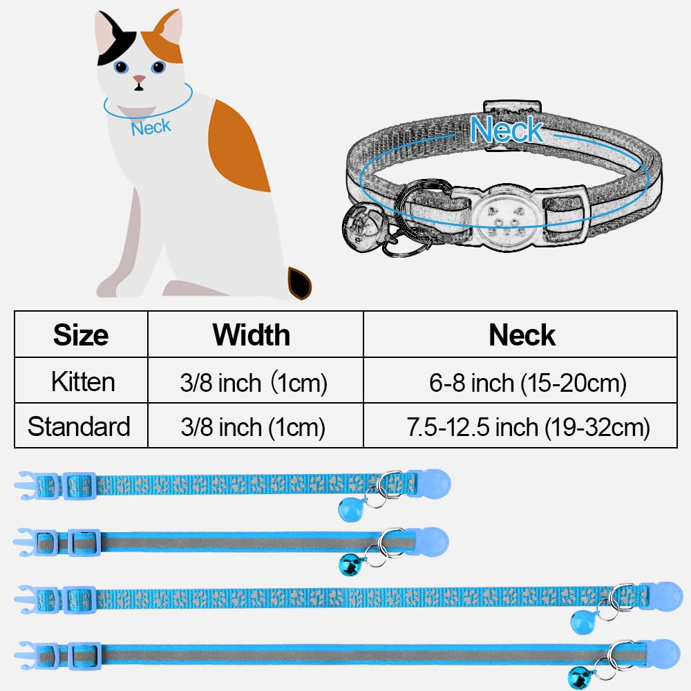 Taglory Collare Gatto Riflettente, 2 Pezzi Collari per Gatti Antistrozzo con Campanellino e Fibbia di Sicurezza, Stampa Zampa Carina 15-20cm Azzurro