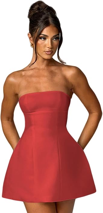 Suillty Womens Sexy Strapless Off Shoulder Mini Dress Elegant A-Line Tube Top Bodycon Dress Formal Party Club Short Dresses