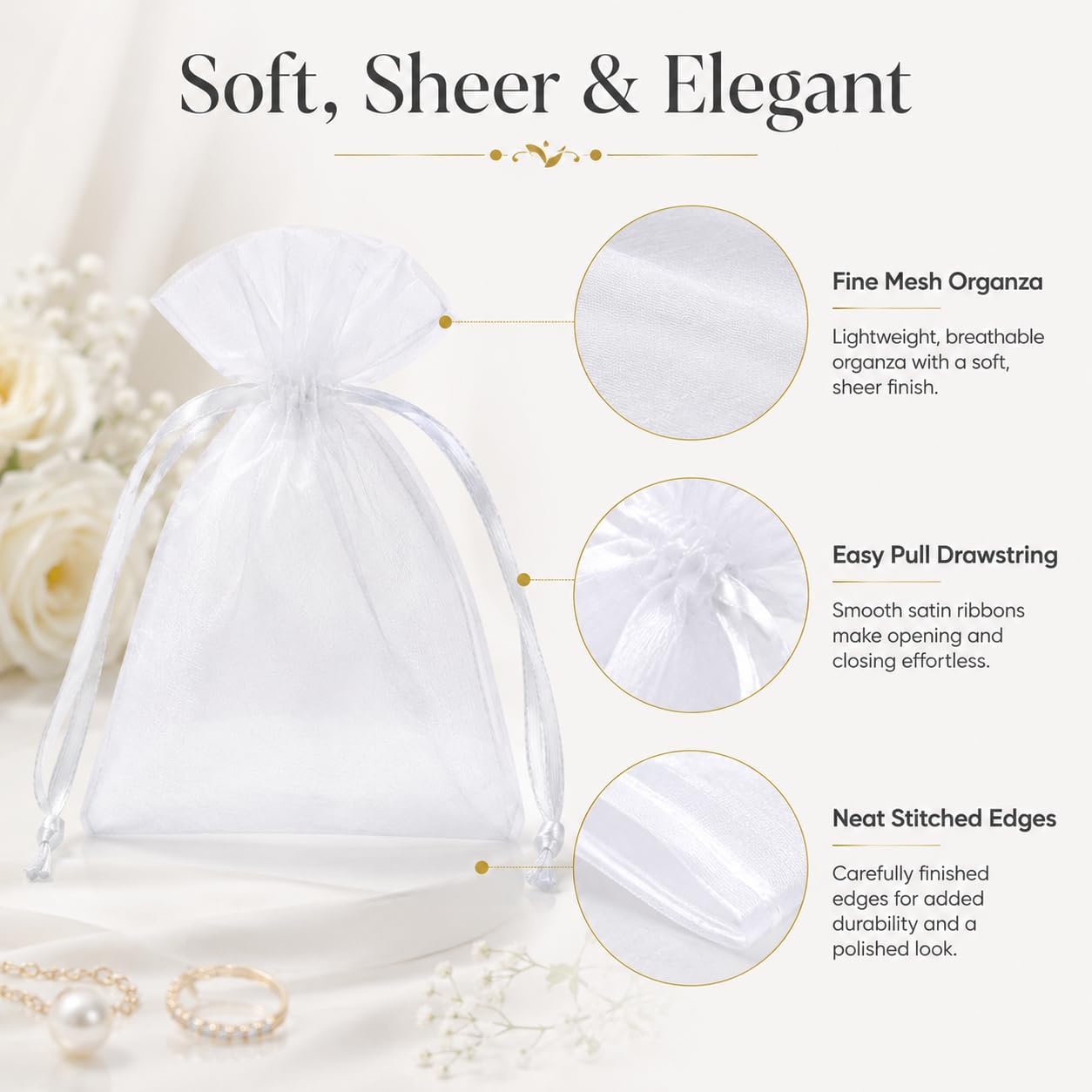 Hopttreely 50pcs White Organza Bags, 4x4.72 inch Mesh Bags Drawstring Gift Bags Jewelry Pouches for Candy Wedding Favors Christmas, Bridal Showers, Candy, Jewelry & Goodie Bags