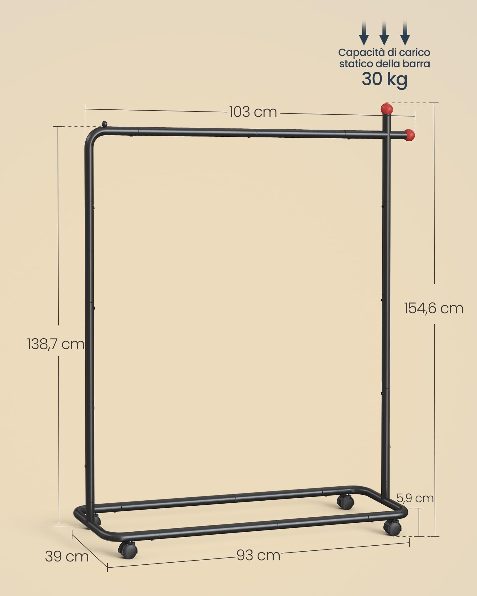 SONGMICS HOME Stand Appendiabiti, Attaccapanni in Metallo con Ruote, 1 Barra Appendiabiti, Ganci a Forma di Fiammifero, Nero Inchiostro HSR170B01