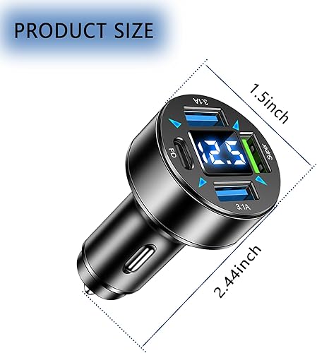 Miniatura 2 de Cargador rápido para coche, cargador USB de 4 puertos con voltímetro LED, PD3.1Super Port adaptador de cargador de coche de carga rápida, compatible