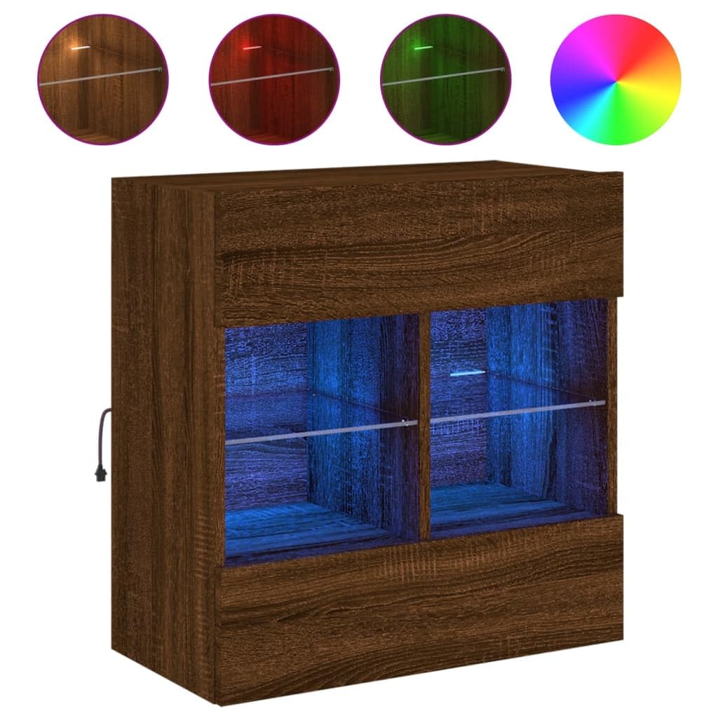 Wandmontage TV Meubel met LED Verlichting, Eikenbruin, 58,5x30x60,5 cm, Zwevende Tv Kast met Opbergramte, Multifunctioneel, voor Woonkamer en Slaapkamer