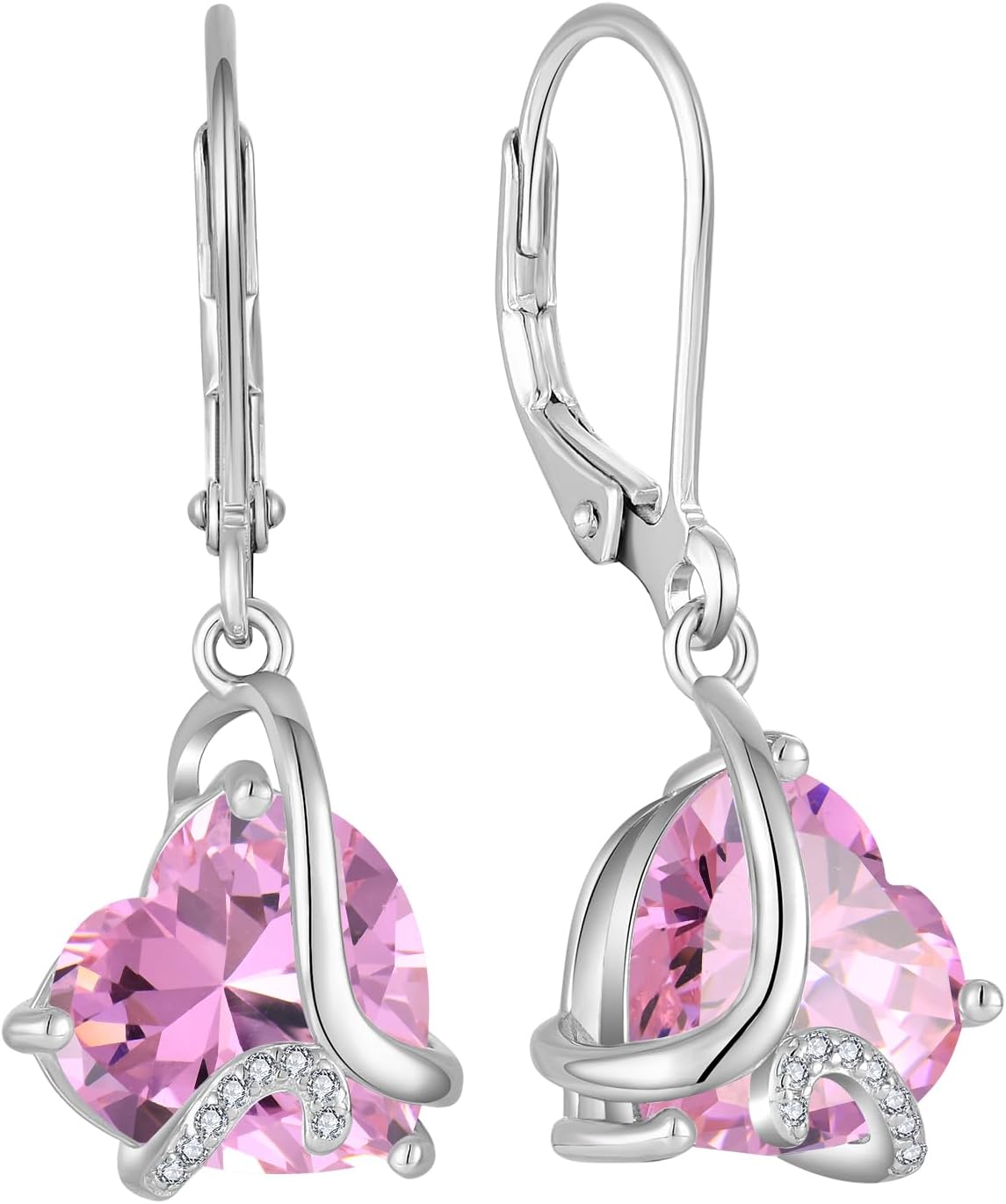 Women Heart Dangle Earrings 925 Sterling Silver Birthstone Heart Leverback Drop Earrings 5A Cubic Zirconia Jewelry for Her