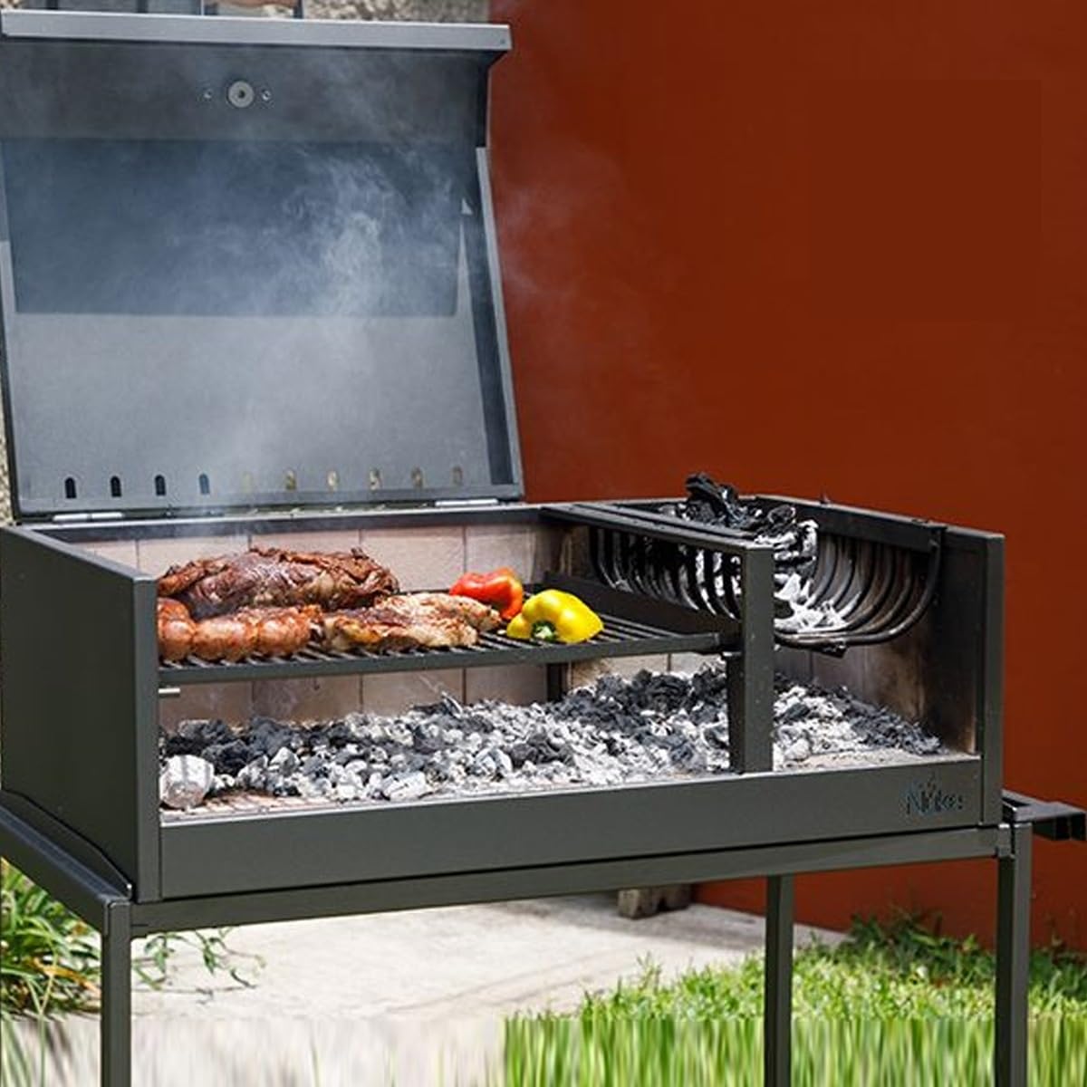 Parrilla Barbacoa de Carbon Parana Premium Portatil Con Brasero Ruedas y Tapa, color Negro 111x102x58 cm
