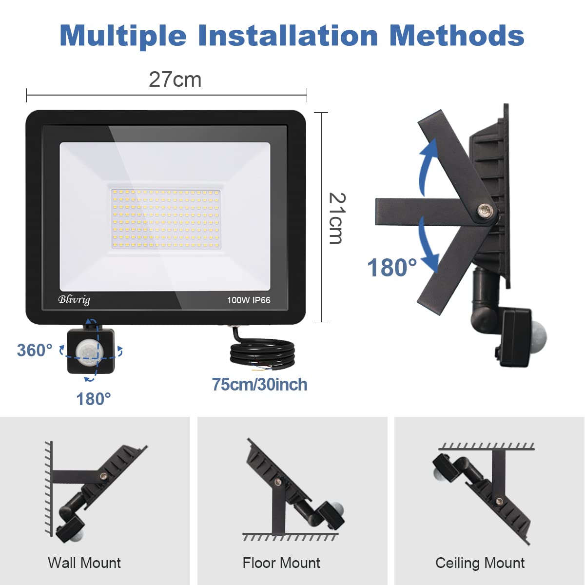 Blivrig led Spotlight with Motion Detector, 100W led Spotlight Outside, 10000LM Ultra-high Brightness - Image 2