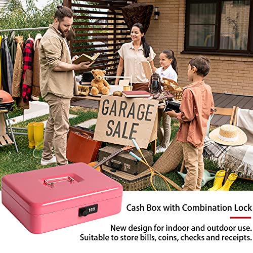 Cash Box with Money Tray and Combination Lock, Parrency Large Money Box 11 4/5\" x 9 2/5\" x 3 1/2\" (Pink Combination Lock, XLarge)