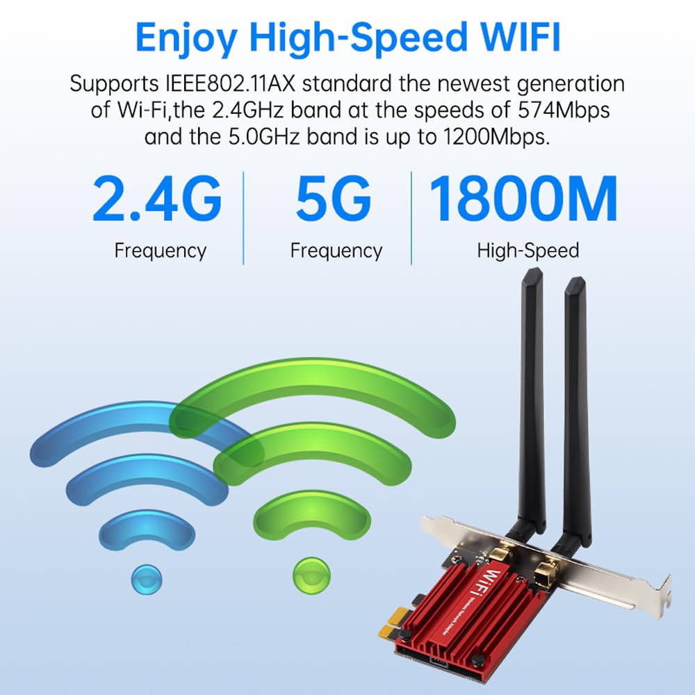 Carte PCIe WiFi 6 avec Bluetooth 5.2 pour bureau, AX1800 Dual Band 2.4G/5G, antenne à gain élevé 6 dBi, faible latence pour les jeux et le streaming, Windows 10/11