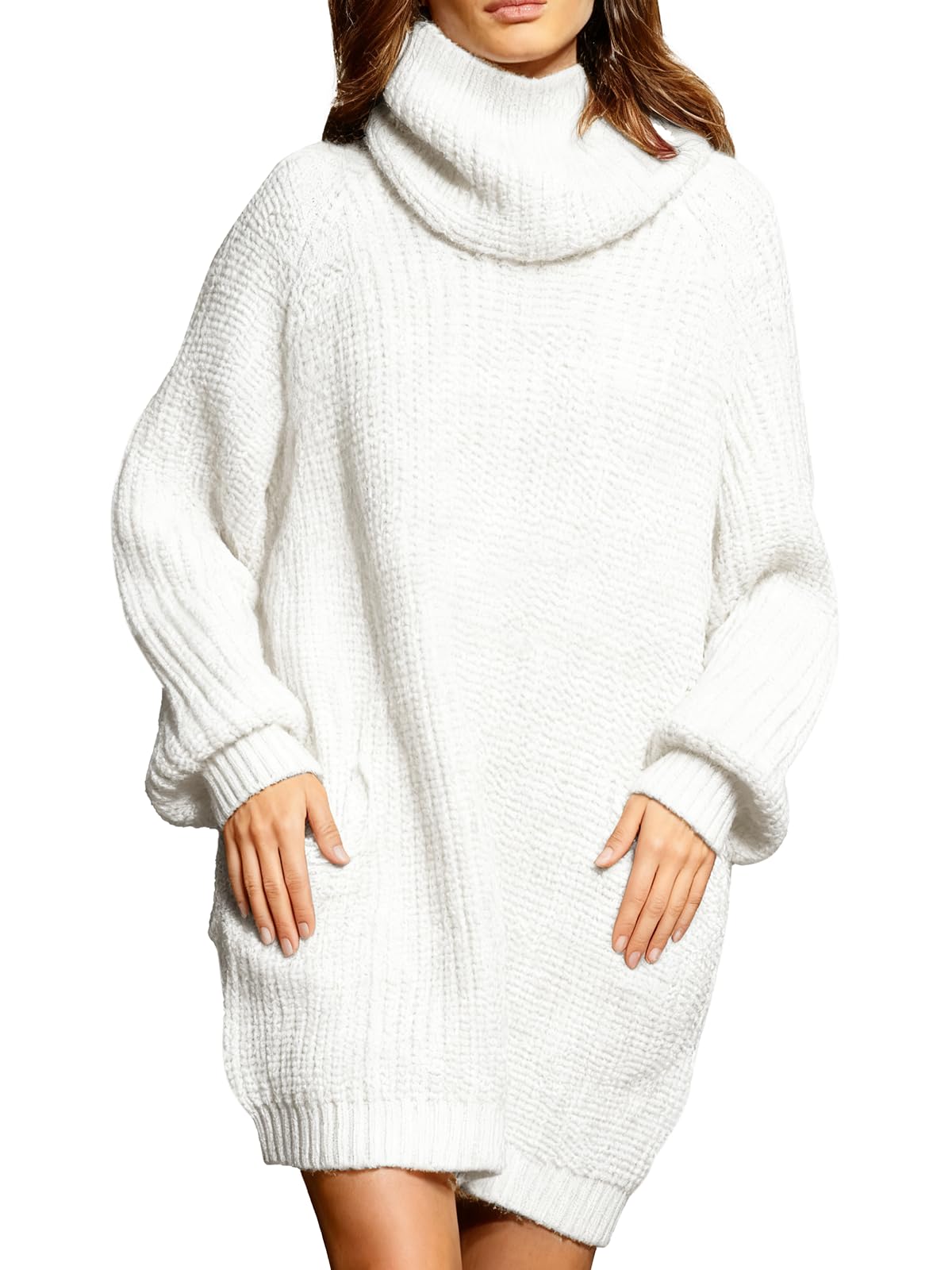 Saodimallsu Damen Strickkleid Oversized Rollkragen Pulloverkleid Langarm Einfarbig Elegant Minikleid Weihnachtskleid Laternenärmeln Weihnachten Winterkleid