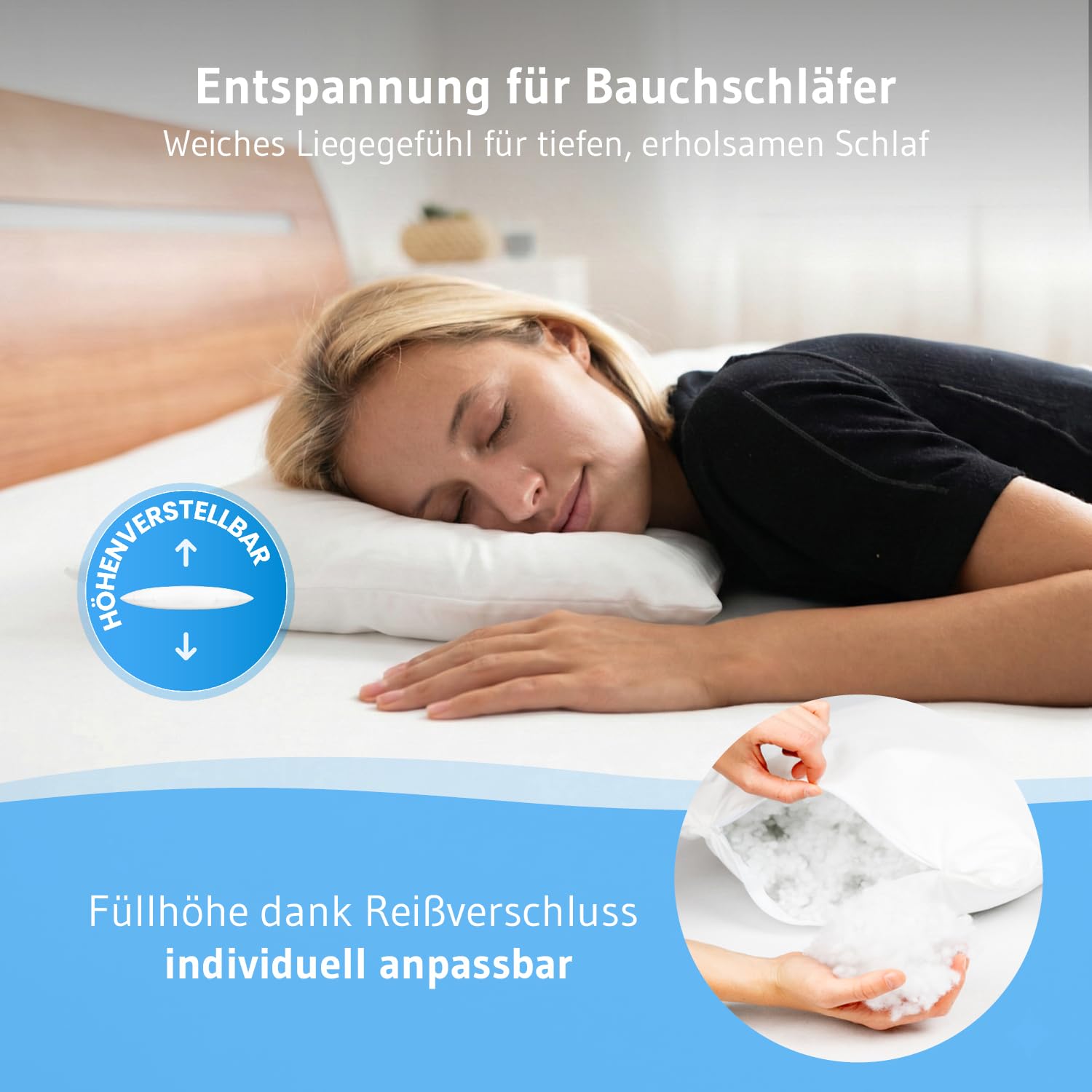 Bauchschläferkissen 40x60 cm, höhenverstellbares Kissen mit Bio-Baumwolle | Flaches Kopfkissen MARIA für Bauchschläfer, Weicher Bezug aus 100% Bio-Baumwolle, Schlafkissen 40 x 60 cm – made in Estland