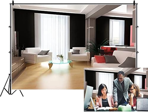 Miniatura 10 de Leyiyi Fondo de fotografía de 8 x 6.5 pies Fondo elegante para sala de estar, hotel de negocios, cafetería, diseño de interiores de oficina, sofás,
