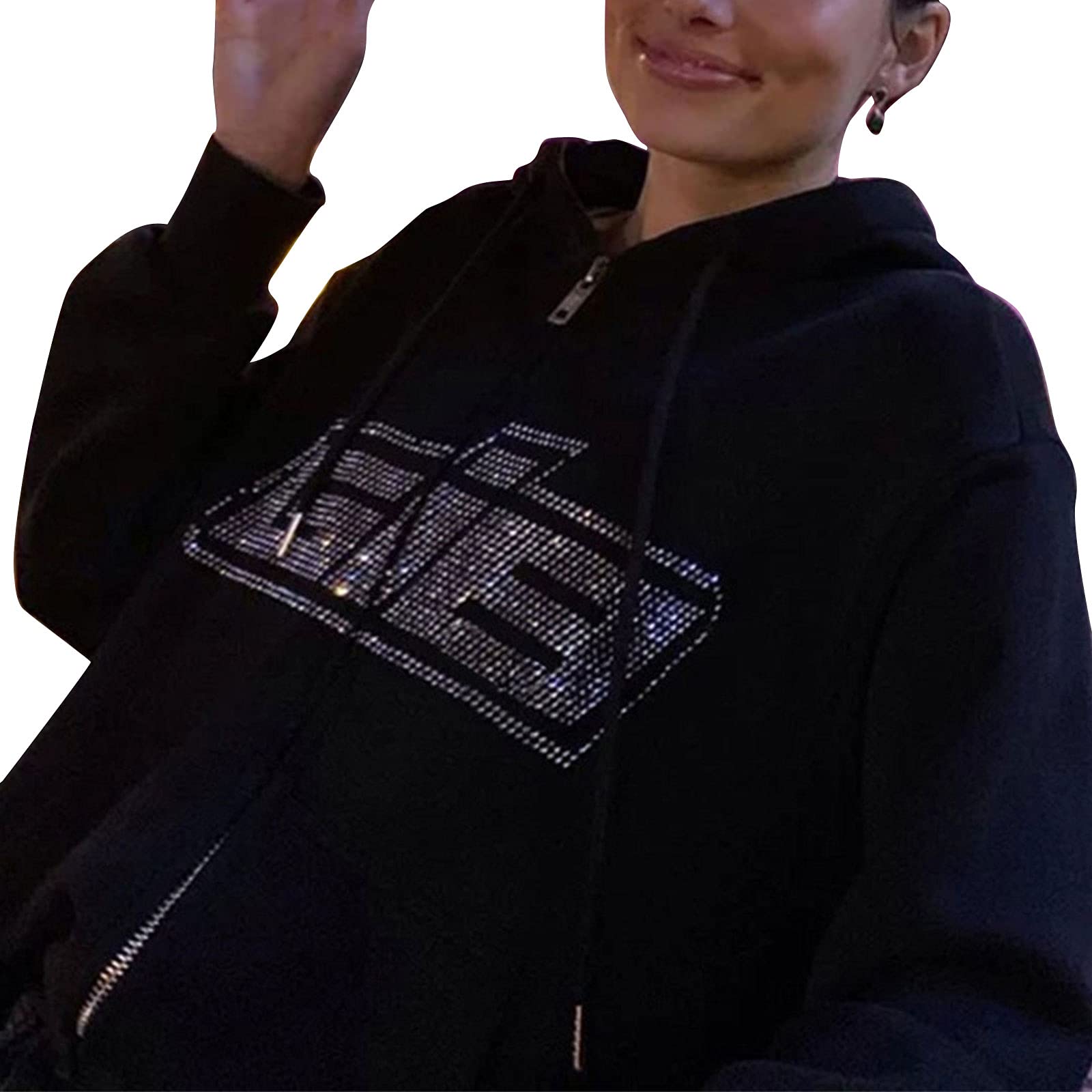 Y2K Estetico Felpa Con Cappuccio Zip Up Pullover Felpe Strass Oversize Sciolto Manica Lunga Con Cappuccio Top Con Tasca Nero L