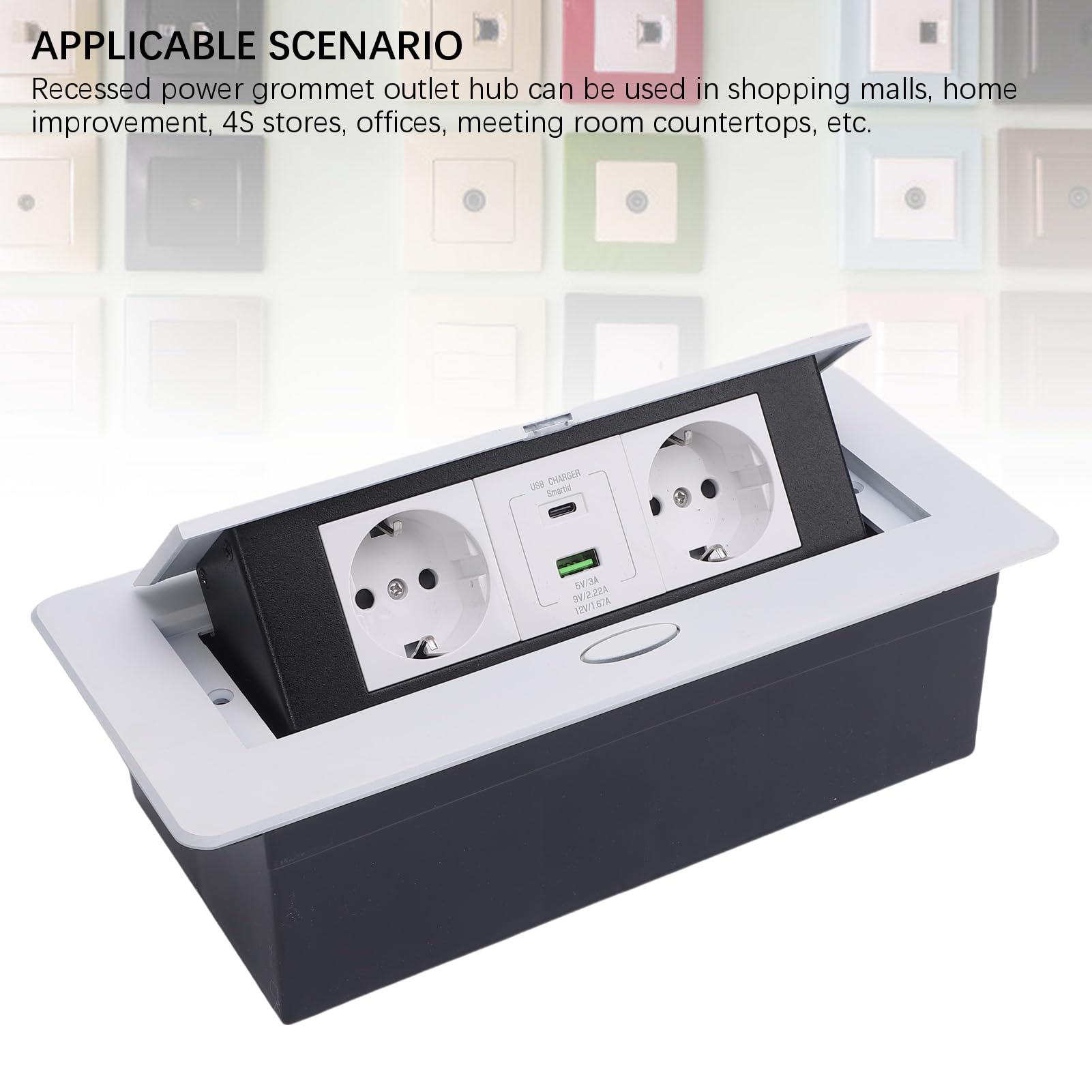 Scatola di Derivazione da Incasso da Tavolo Resistente All'acqua Hub di Alimentazione Sicuro per Ufficio Sala Riunioni Presa da Bancone 2 Fori Fori USB Tipo C, Bianco