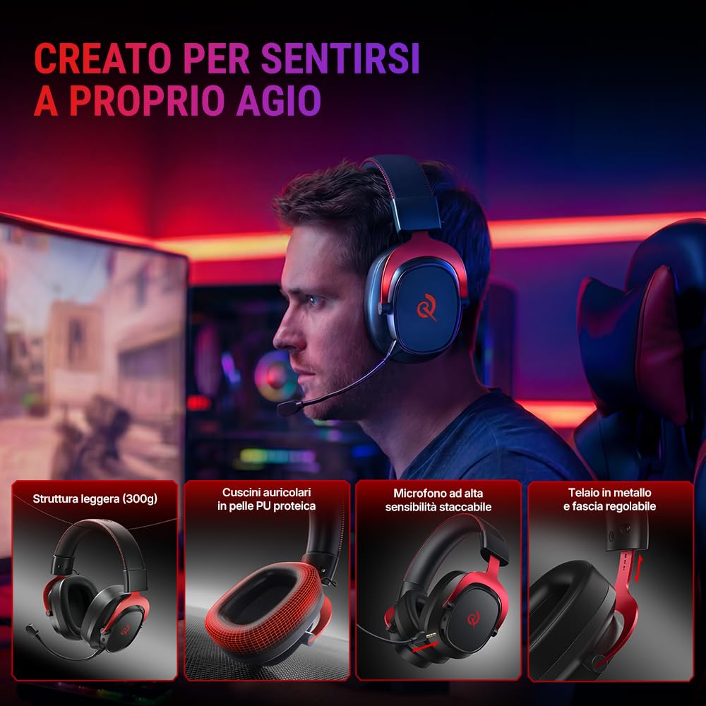 QCY Cuffie Gaming Wireless per PC/PS5/PS4/Switch, HEROAD VT200 Cuffie Over Ear, Audio Surrounqchd 7.1, Cuffie Gaming 2,4GHz Wireless+Bluetooth 6.0, Microfono Staccabile, Batteria da 130 ore -RossoNero