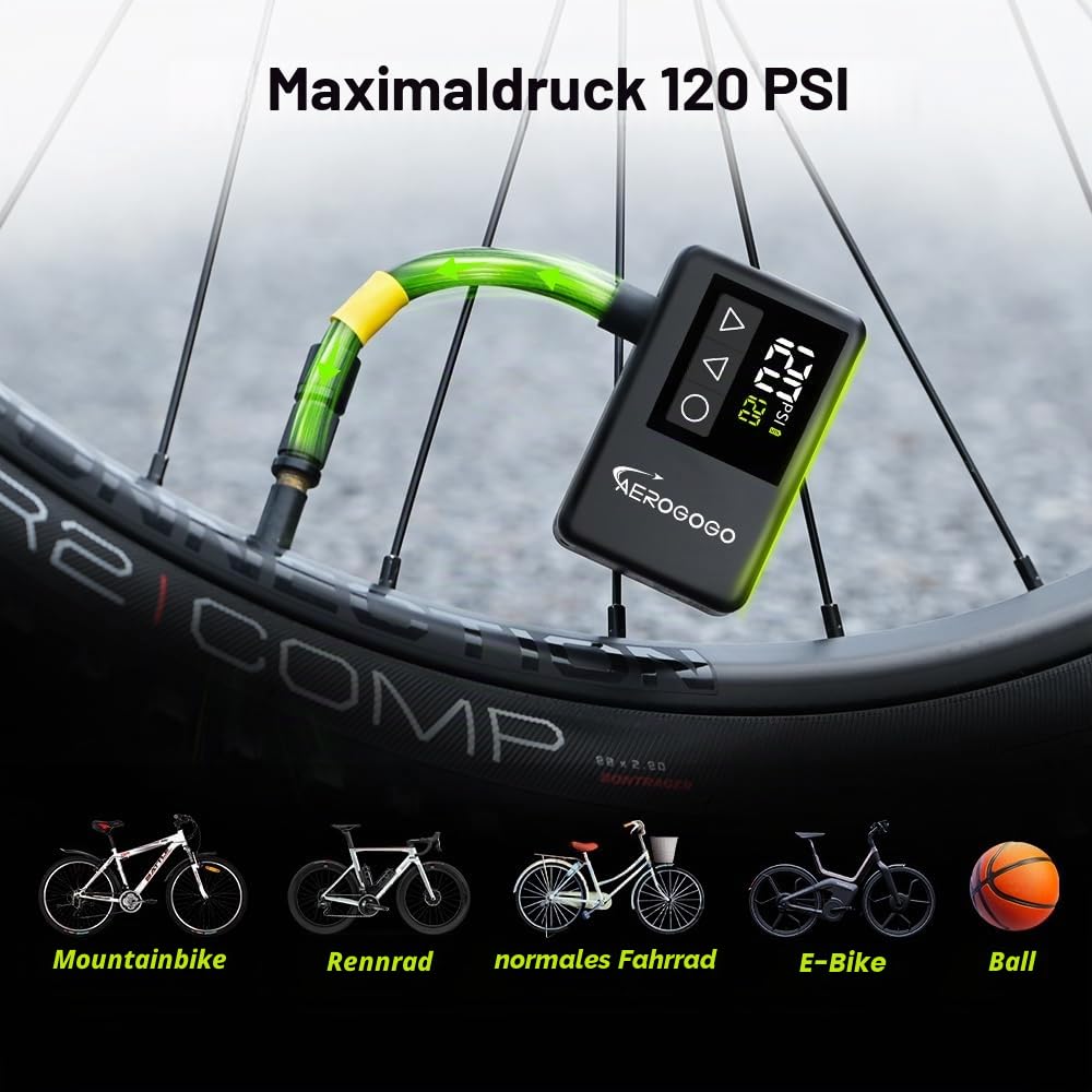 GIGA Pump Wiederaufladbare Mini-Fahrradpumpe, 120 PSI, Fahrradpumpe mit digitalem Manometer, tragbare Fahrrad-Luftpumpe, Reifenfüller, Mountain-, Presta- und Schrader-Ventile, voreingestellter Druck