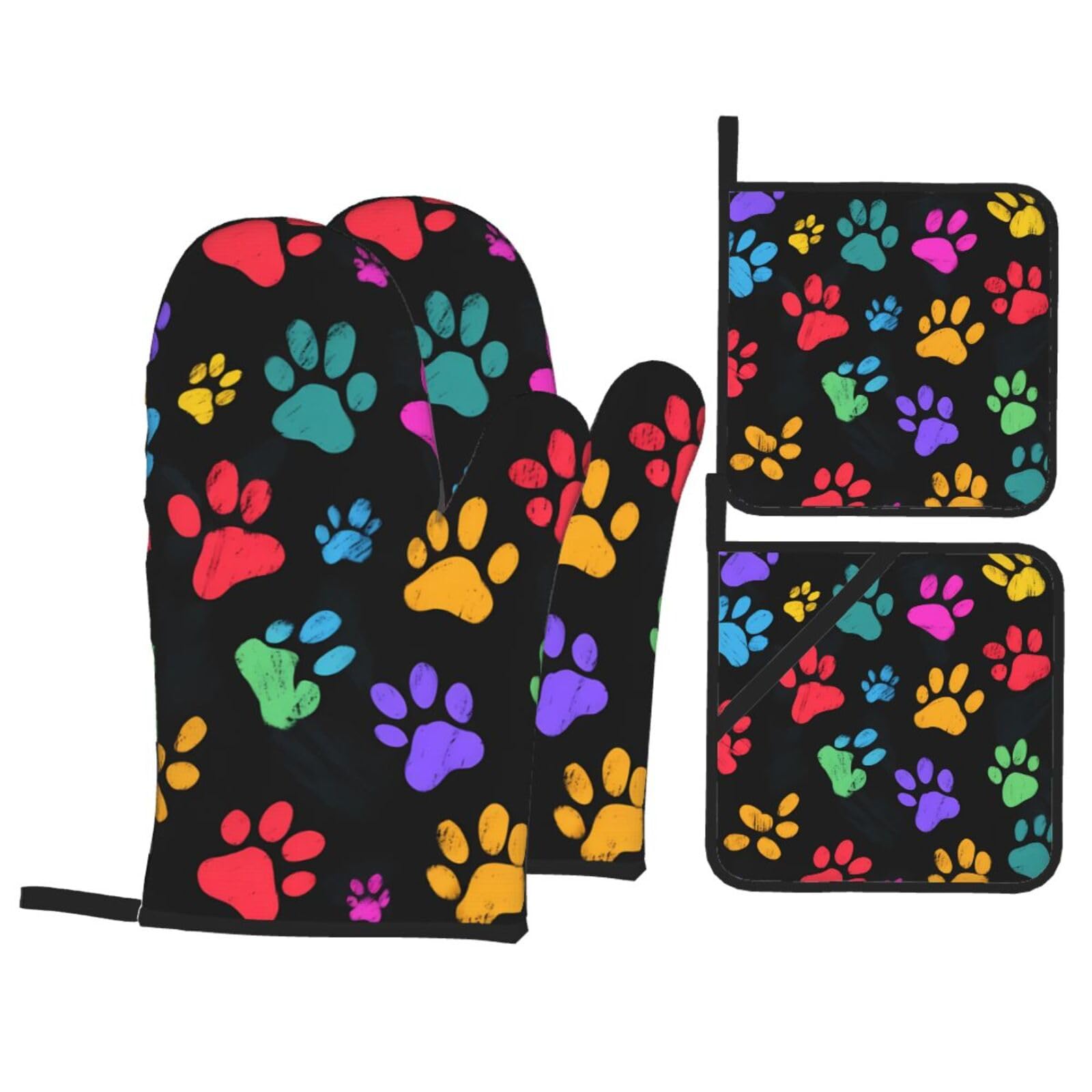 HJFCZH Colorful Paw Picture Kitchen Baking Set of 4 Thick Insulated Oven Mitt & Pot Holders, Anti-Scalding for Microwave, Oven, Outdoor BBQ
