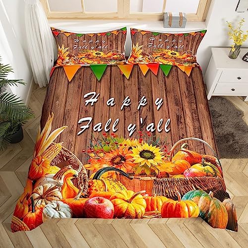 Happy Fall Y’all Bedding Set Full Size, Autumn Sunflower Comforter Cover for Kids Fall Pumpkin Duvet Cover Pumpkin Maple Leaves Bedspread Cover Rustic Farmhouse Room Decor Durable Quilt Cover