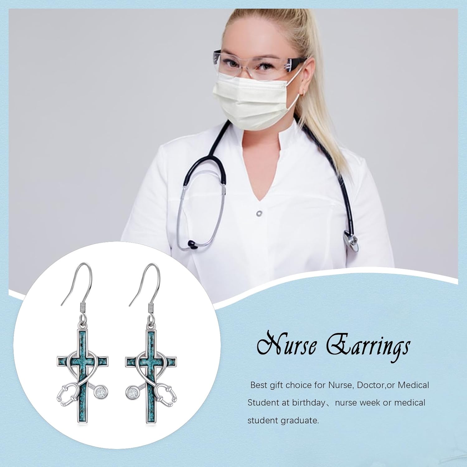 Nurse Gifts Stethoscope Earrings for Women 925 Sterling Silver Turquoise Cross Dangle Drop Earrings Jewelry Nursing School Graduation CNA Christmas Gift for Doctor Medical Assistant - Image 7