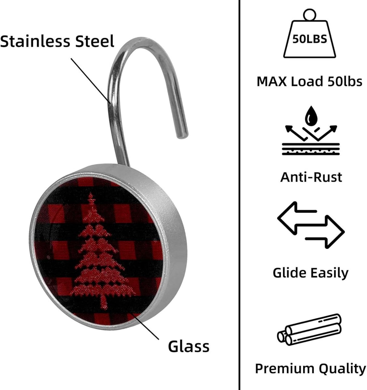 12 Pack Christmas Tree on Red Black Checkered (5) Shower Curtain Hooks, Stainless Steel Decorative Shower Curtain Rings for Bathroom, Rust Proof Shower Curtain Hangers for Curtains Rods
