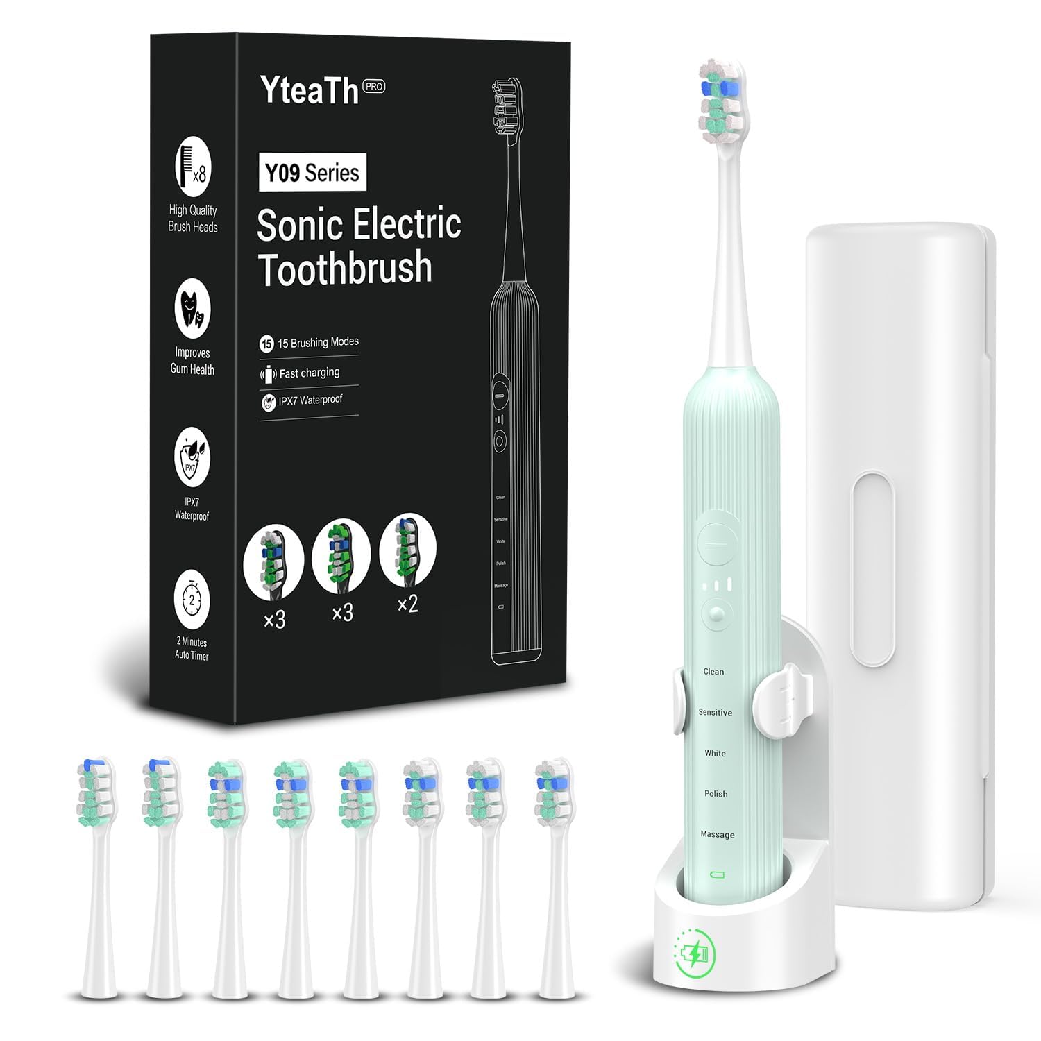 Spazzolino elettrico sonico per adulti e bambini, 5 modalità di pulizia con 3 livelli di intensità, timer, 8 testine di ricambio e custodia da viaggio, ricaricabile Sonic Toothbrush nero