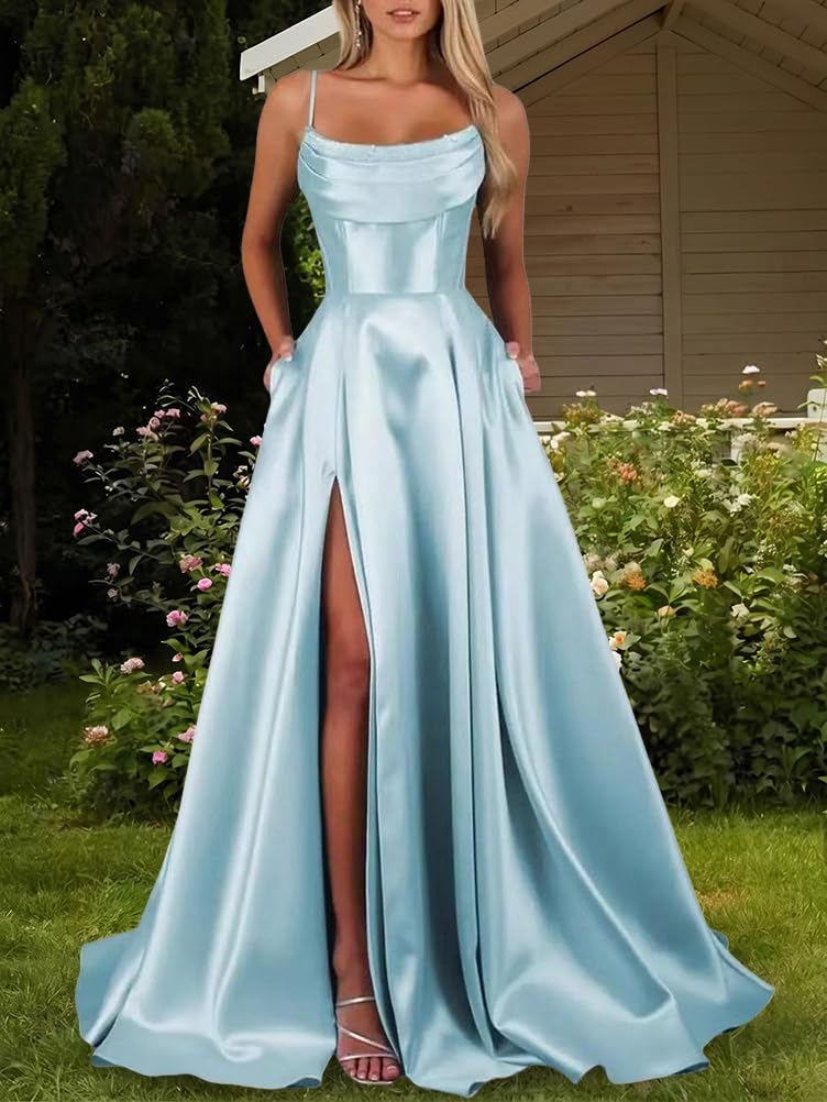 shownicer Vestito Donna Elegante Cerimonia Abiti Lunghi Eleganti Abito Cerimonia Vestiti in Raso da Sera con Spacco