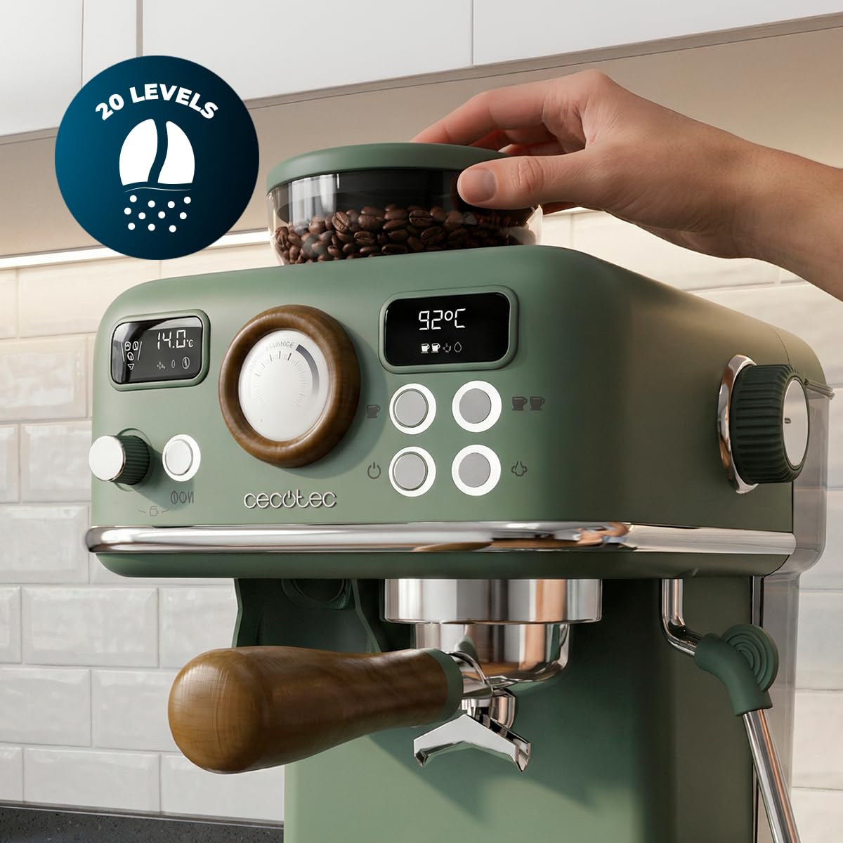 Cecotec Machine à Café Expresso Manuelle Power Espresso 20 Tradizionale Grind. 1500 W, Moulin 20 Niveaux, 20 Bars, PID, Thermoblock, Steamer, Cold Brew, Café Fraîchement Moulu avec Crème Parfaite