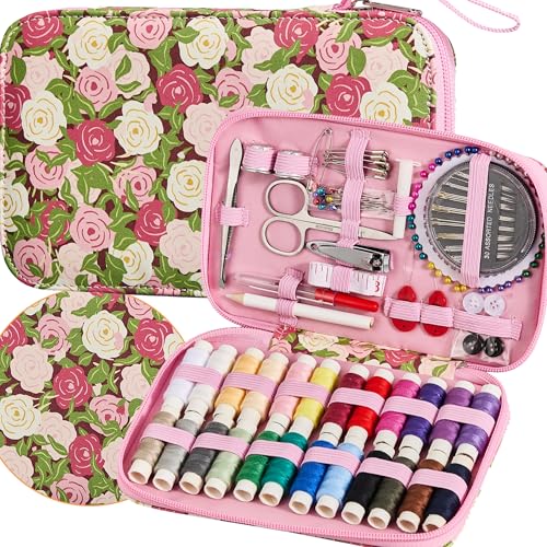 Rose Floral Sewing Kit with 130 PCS Sewing Supplies Accessory PU Zipper Sewing Needles Set Professional Travel Sewing Kit for Adults Emergency Beginners