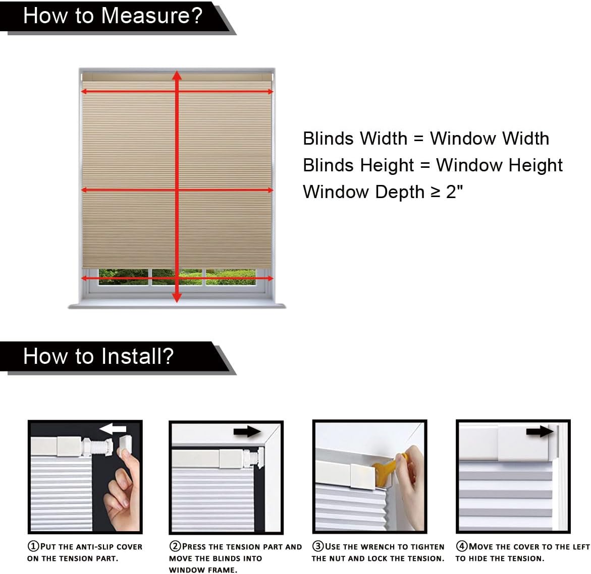 Cordless Cellular Shades No Drill No Tools Blinds Blackout Honeycomb Blinds for Windows Easy to Install Custom Cellular Blinds Privacy Window Blinds Shades, 45"W x 52"L, Blackout White