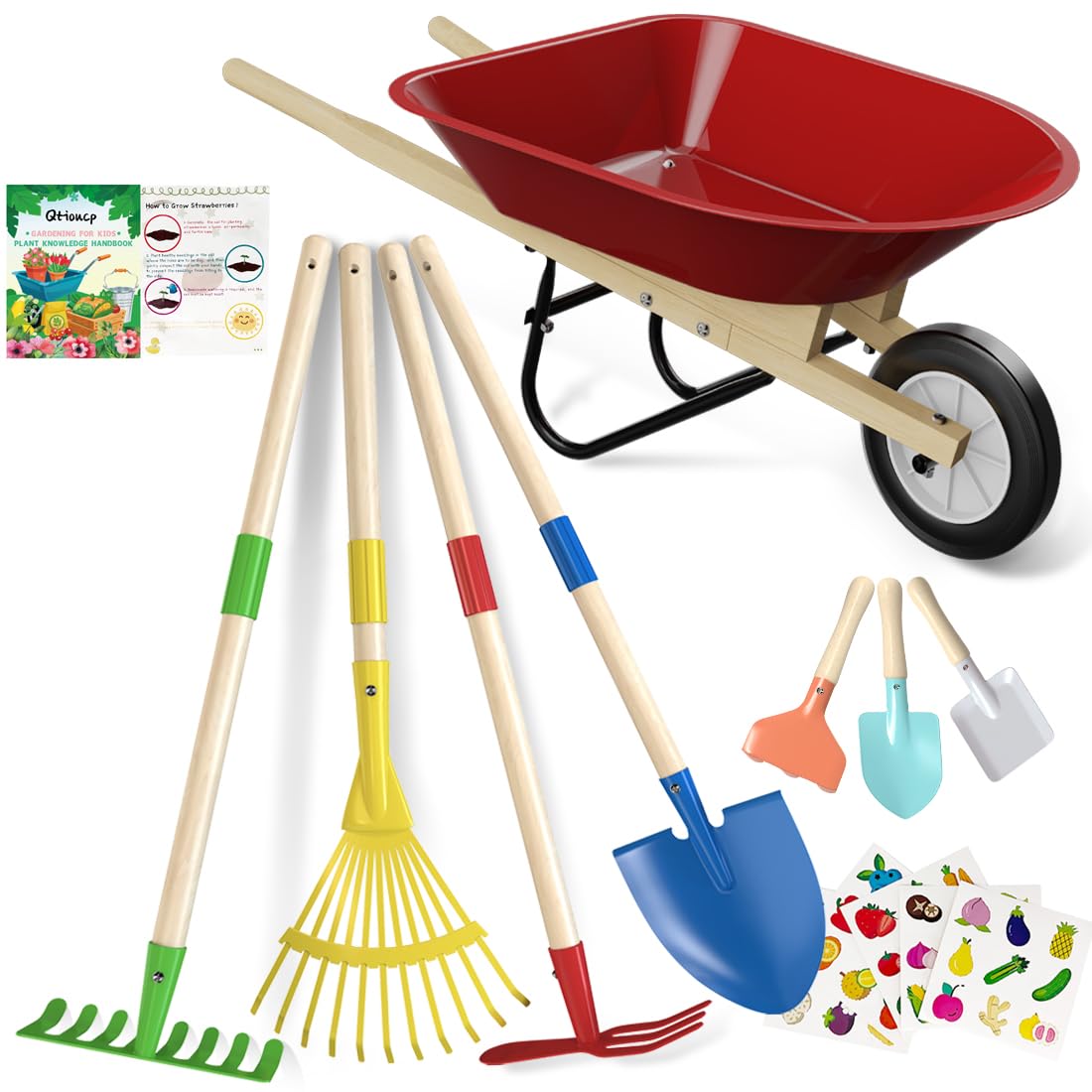 Qtioucp Kids Wheelbarrow Set with Gardening Tools Outdoor Backyard Garden Play for Toddlers Boys Girls 3-8, with Shovel, Rake, Leaf Rake, Easter