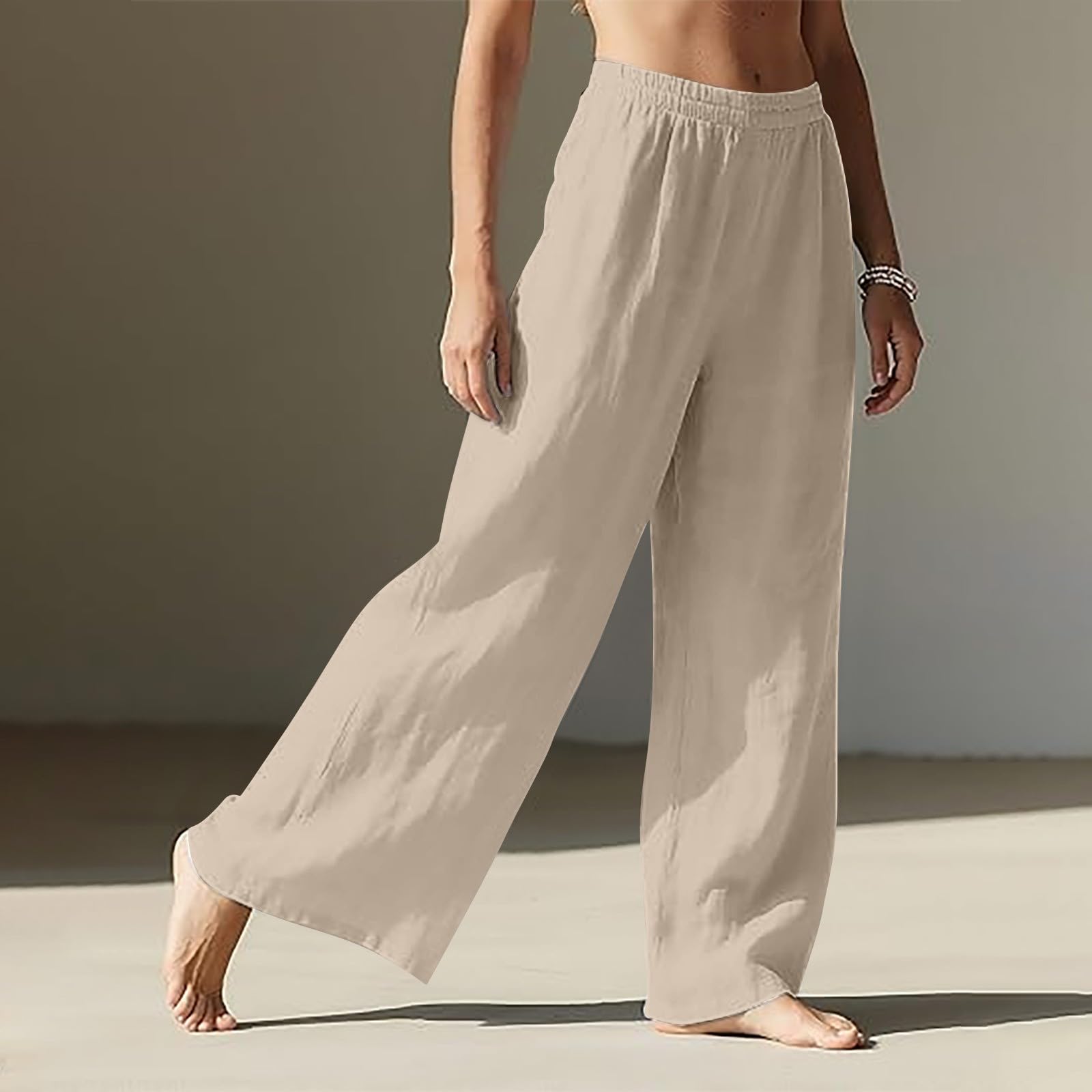 Pantaloni estivi da donna, lunghi, a vita alta, in lino, larghi e leggeri, in cotone, a gamba larga, con tasche, versatili