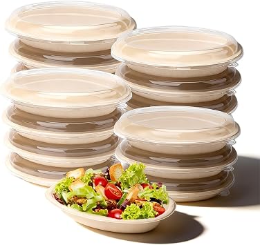 50 Pack 27oz Oval Compostable Paper Bowls with 50 Lids - Microwavable Disposable Meal Prep Containers for Burrito, Salads, Pasta, Nacho & Taco