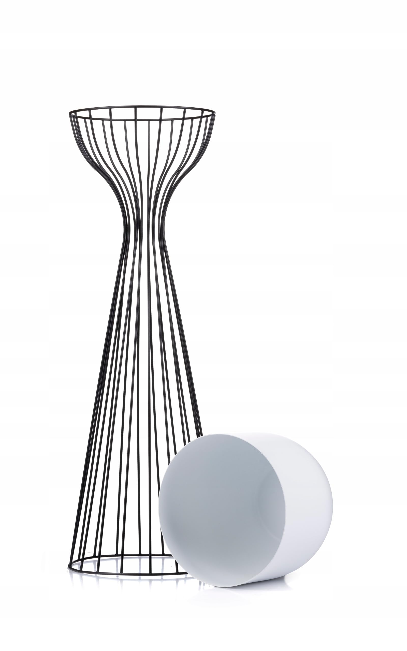 Moderno supporto per fiori in metallo, altezza 68 cm, con vaso da fiori bianco, rotondo, diametro 18 cm, su robusto supporto nero, supporto per piante per la decorazione di interni