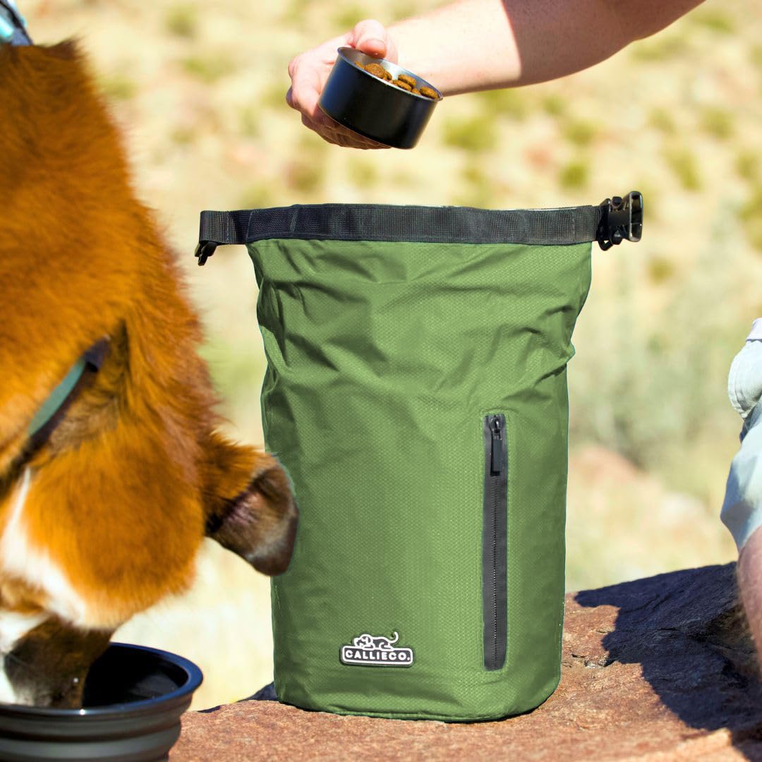 Callieco Hundefutter-Reisetasche mit 1 Tassenschaufel und Reißverschluss-Seitentasche, wasserdichter Aufbewahrungsbehälter für Zuhause, Autoreisen, Camping, Boarding und mehr (Grün, 64 Tassen)