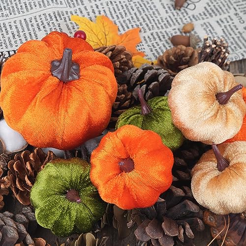 Image of Artmag 12Pcs Fall Artificial Velvet Pumpkins Assorted Sizes Orange Green Khaki Fake Farmhouse Harvest Pumpkins for Fall Thanksgiving Party Home Decoration