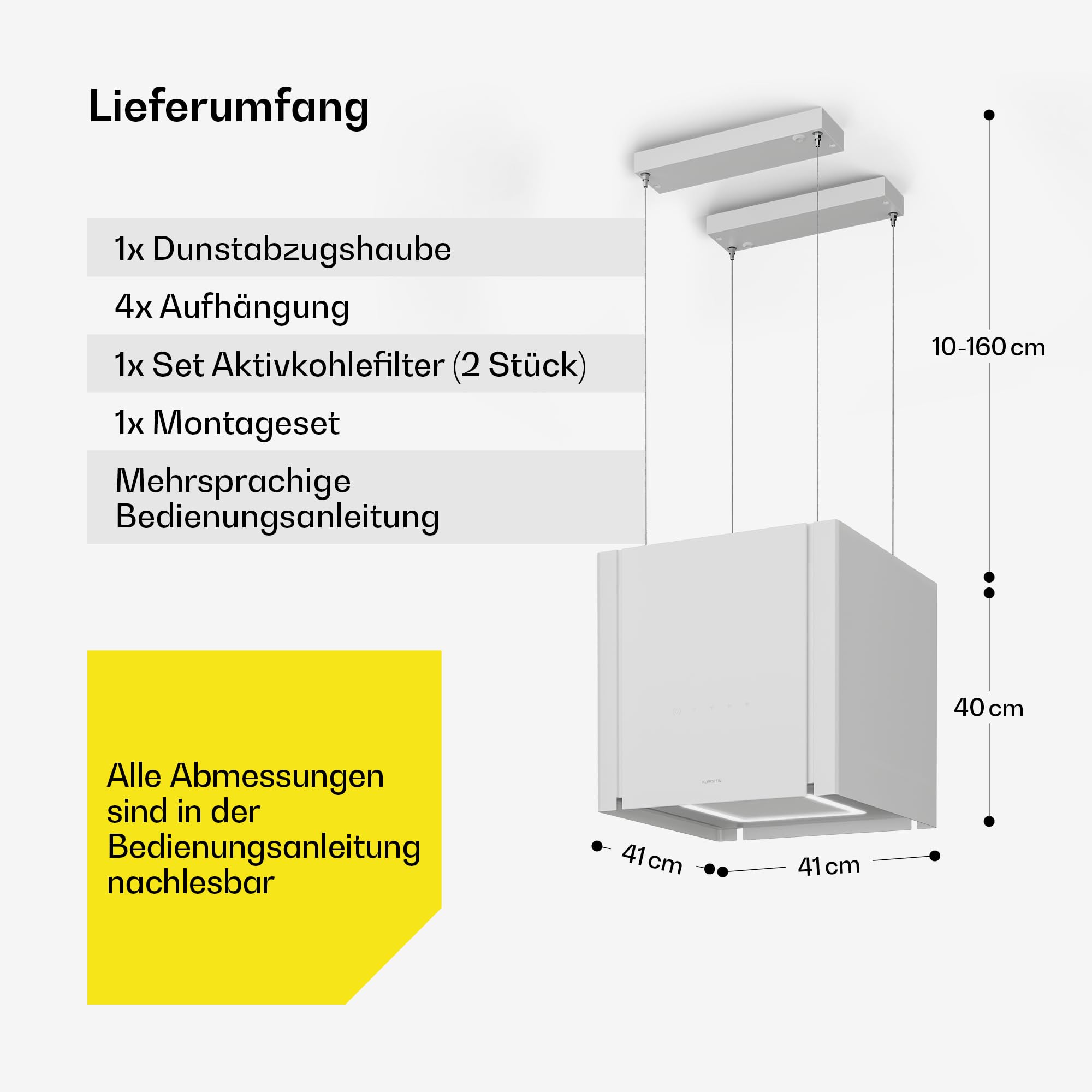 Klarstein Velaire Dunstabzugshaube Deckenhaube 40 cm A++ Energieklasse 601 m³/h Luftstrom Touch-Bedienung LED Liftfunktion Weiß