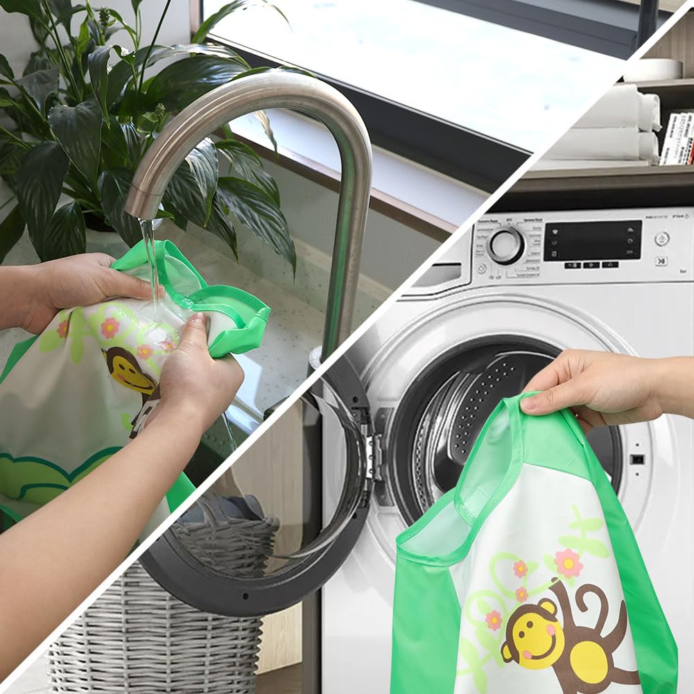 Vicloon Set di 3 Bavaglini Impermeabili con Maniche Lunghe e Tasca, Grembiule per Pappa Svezzamento, Dipingere, Giocare e Mangiare, Bambini Piccoli da 1-3 anni