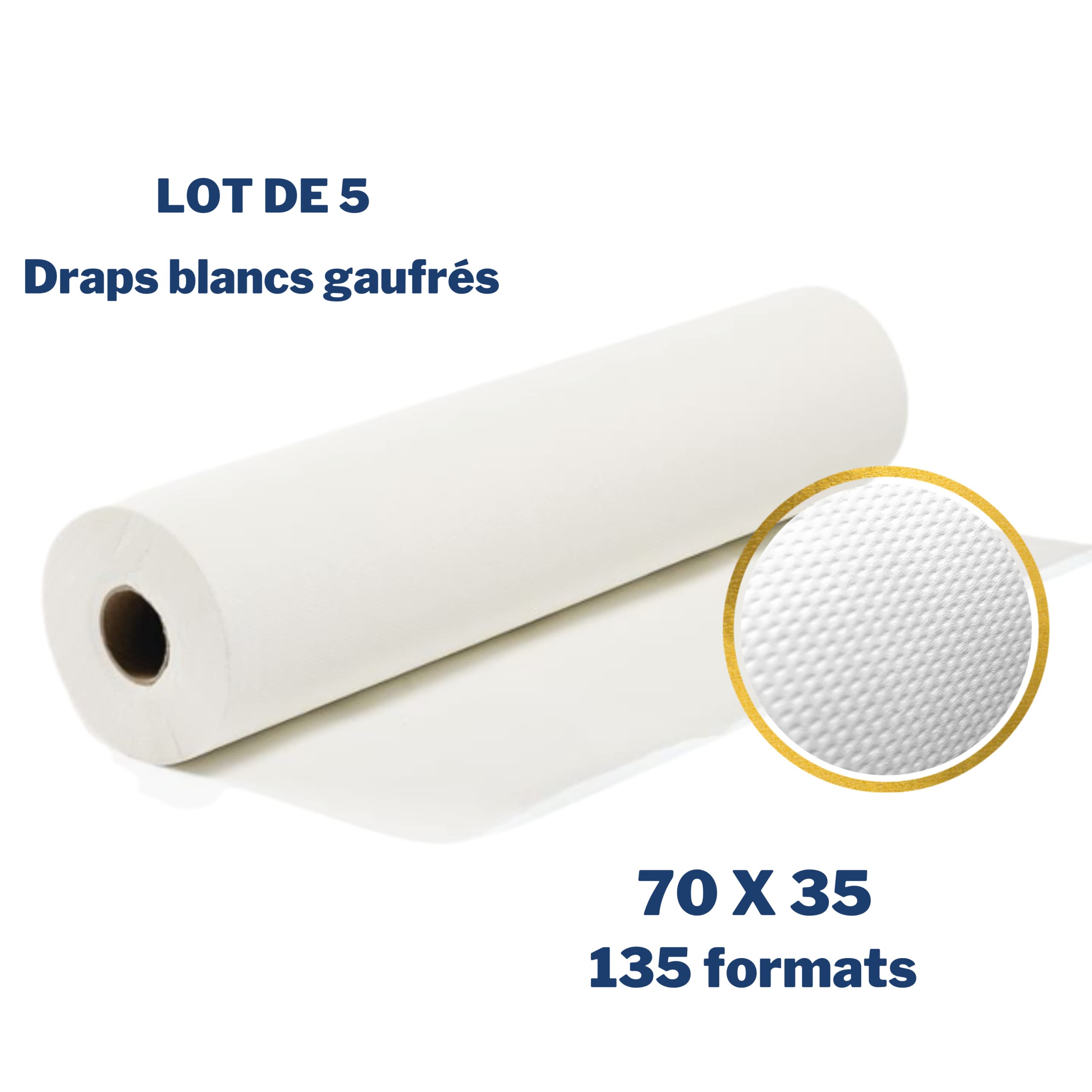 DSTOCK60-5 ROULEAUX DE DRAP EXAMEN GAUFRÉ - PURE OUATE BLANCHE - 70 X 35 CM