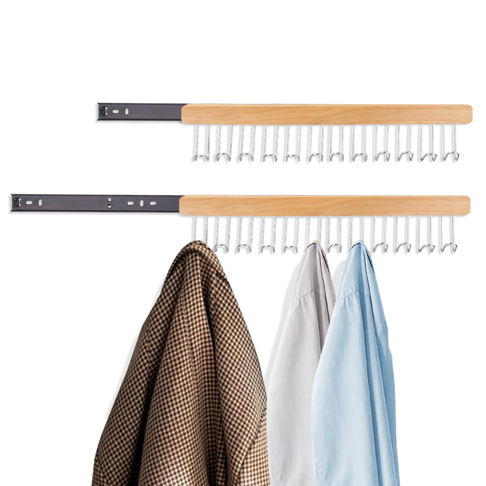 Diakey 2 Pack Valet Rods For Closets, 12 Hooks Closet Valet Rod Slide Out, Belt Hanger Wardrobe Pole Extender, Bra Organizer For Ties, Scarves, Cap, Tank Top, Right