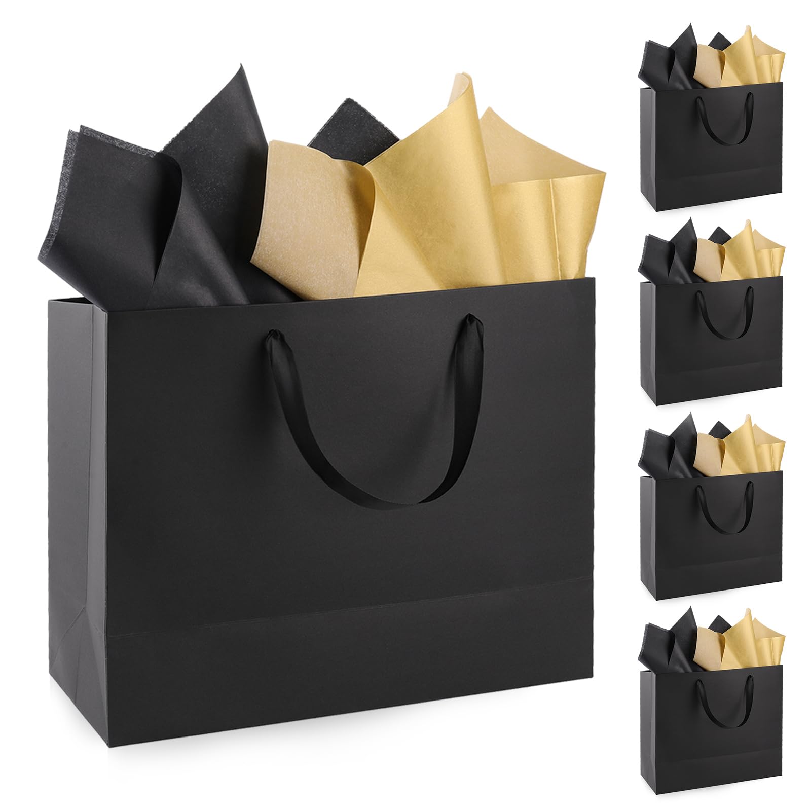 Addblu 5 Pack Large Black Gift Bags with Handles - Includes 10 Tissue Papers, 12.6x8.7x4 Inches for Men Birthday Party, Wedding, Bridesmaid, Groomsmen, Shopping Business, Christmas (Black Medium - 5Pcs)