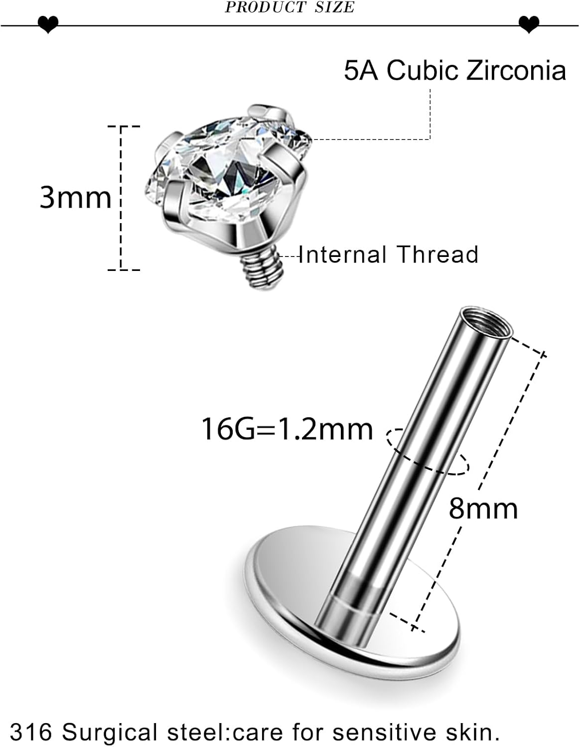 16G ASTM F136 Titanium Surgical Steel Internal Thread Flat Back Studs Earrings Lip Rings Labret Medusa Helix Tragus Cartilage Earring stud Piercing Jewelry for Women Men Silver Black Gold