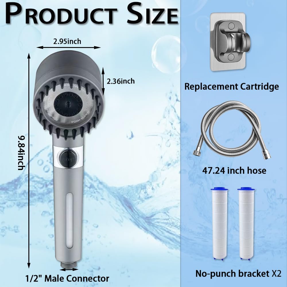 German Multifunctional Massage Shower, Handheld High Pressure Shower Head,Massage And Skin Beauty Multifunctional Shower, 3 Settings 4 in 1 Detachable Showerhead with 47” Hose, Bracket and 2Filters