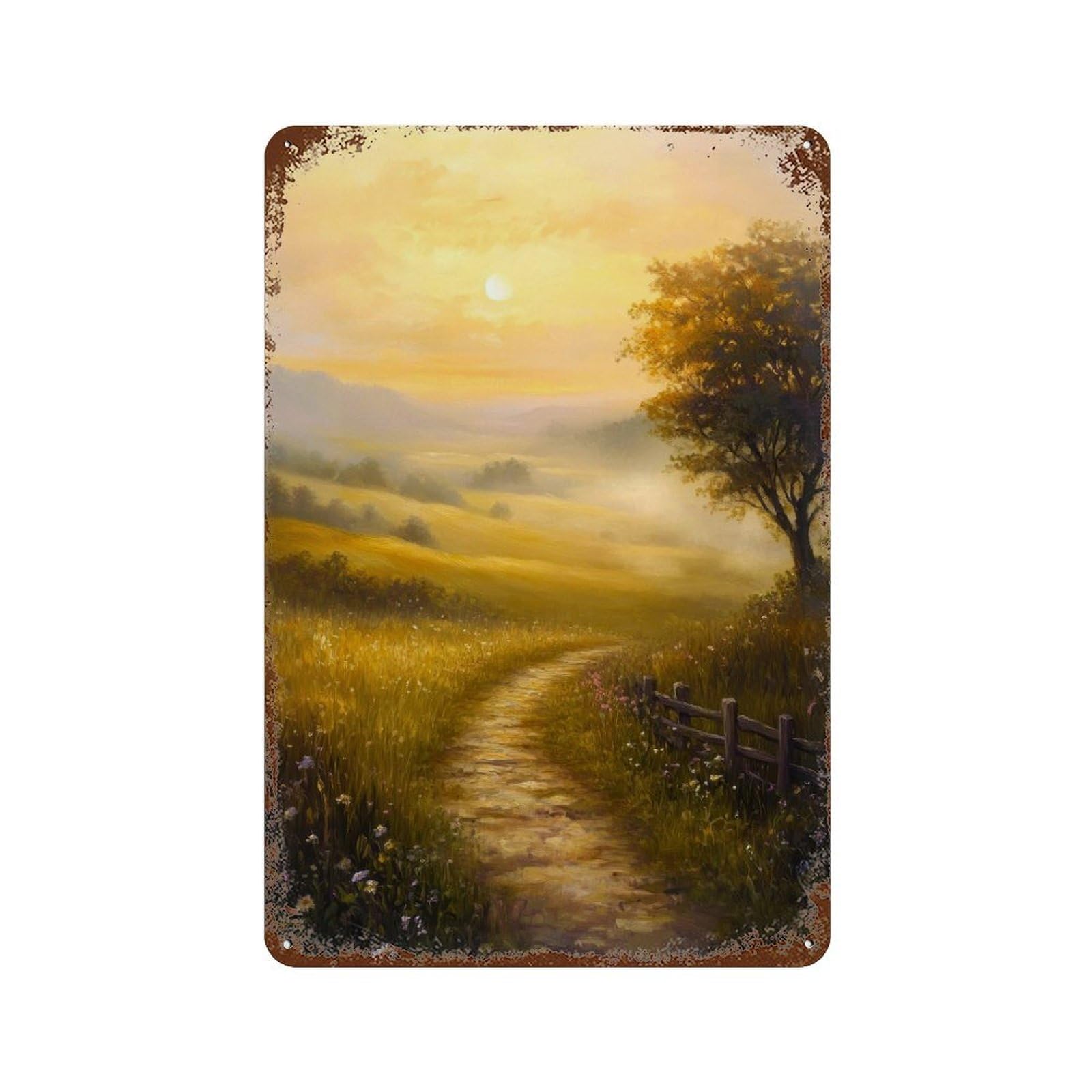 Rolling Hills Misty Meadow Cottagecore Decor Dark Academia Enchanted Landscape Illustration Vintage Nature Wall Decor Art Metal Tin Poster Modern Home Decor Art Home Bar Shop Decorations Vintage Sign
