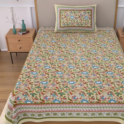 Image of 100% Cotton Single Bedsheet with 1 Pillow Cover | 240 TC Pure Cotton Flat Bed Sheet | Traditional Jaipuri Printed Bedding Set | Soft & Breathable | 60 x 90 Inch (Rangmahal Single 06)